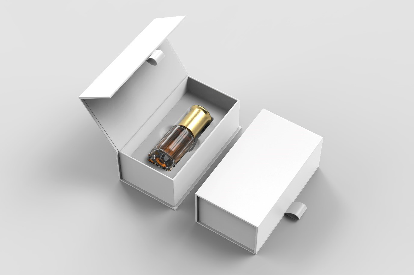 White Boxed Packaging with Pull Tab and Fragrance Bottle Inside
